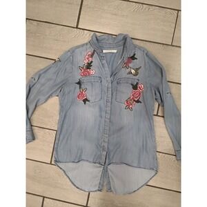 Standard Grace Womens Light Wash Lyocell Floral Embroidered Button Down Shirt L